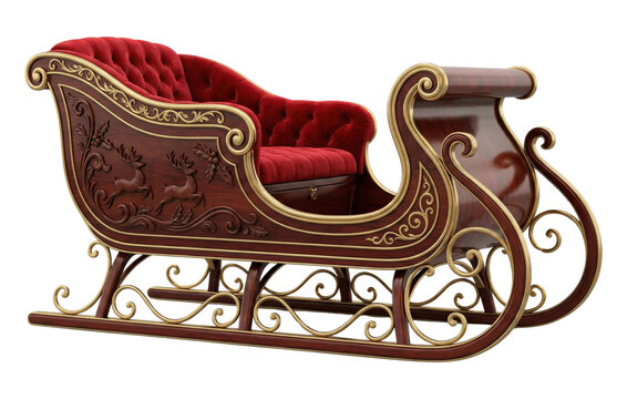 Fototapeta Red and gold santa sleigh with ornaments. Christmas transport vehicle