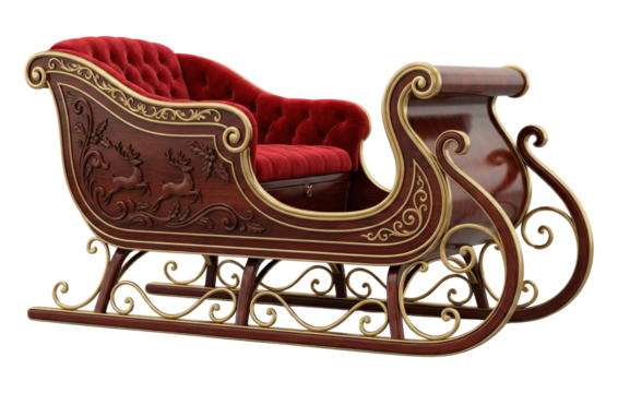 Red and gold santa sleigh with ornaments. Christmas transport vehicle