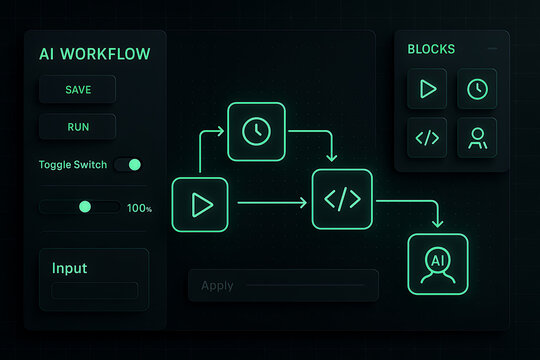 Futuristic glowing user interface of AI workflow automation process with code sequence design and data flow visualization