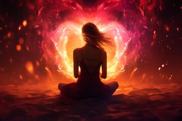 Love-shaped energy glows from the silhouette of a meditating person.