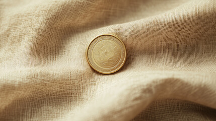 Close-up of a gold coin resting on textured fabric for financial concept and investment symbolism