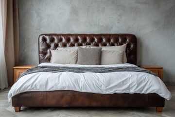 Luxurious tufted leather bed with crisp white linens and textured pillows.