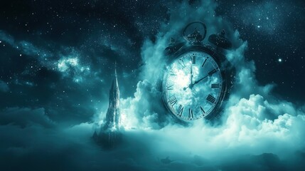 Surreal Time - Clock Surrounded by Clouds in a Night Sky.