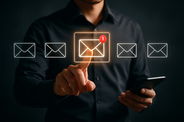 Message notification holographic digital style glowing email icon showing online new communication symbol in futuristic business technology