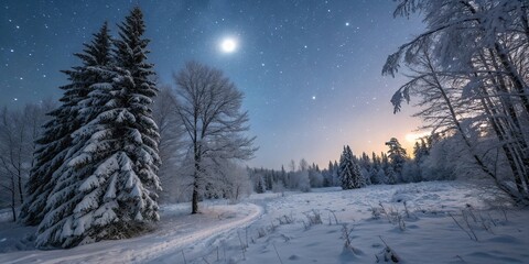 Snowy winter forest at night with Christmas tree lights and cozy cabin under moonlight.