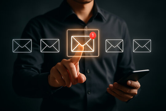 Message notification holographic digital style glowing email icon showing online new communication symbol in futuristic business technology