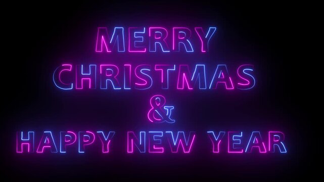 Merry christmas and happy new year neon text on black background with , festive holiday greeting concept .