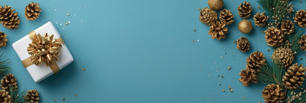 Blue Background with Gold Pinecones, Christmas Ornaments, and a White Gift Box with Gold Ribbon for Holiday Decor and Design