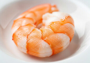 Single Cooked and Peeled Shrimp in a White Bowl, Close-up Macro Shot of Seafood.