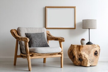 Rustic wooden armchair with cushion sits next to a unique natural wood side table.