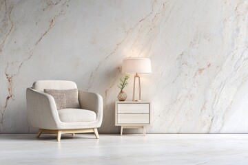 Modern armchair with lamp on side table against marble wall.