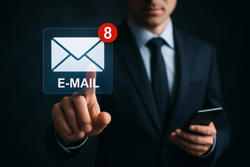 Person receiving electronic message with glowing virtual email notification interface representing contact alerts and digital communication