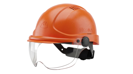 Orange construction helmet with visor isolated PNG, safety headgear for construction site workers on transparent background