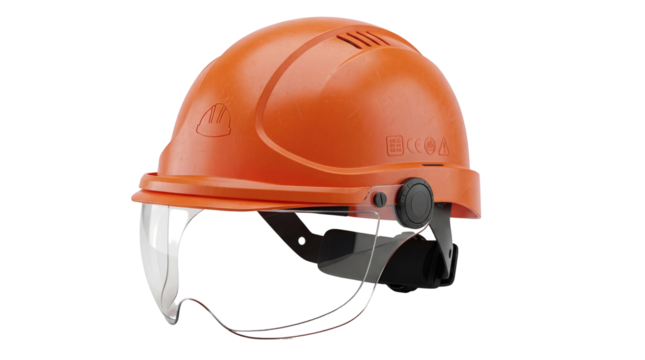 Orange construction helmet with visor isolated PNG, safety headgear for construction site workers on transparent background
