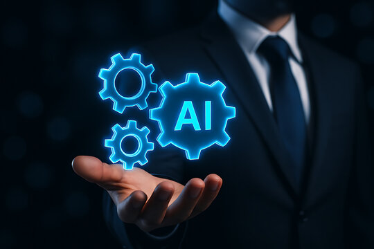 Professional demonstrating AI powered cogwheels showing automation technology and machine learning solutions for transforming smart digital businesses