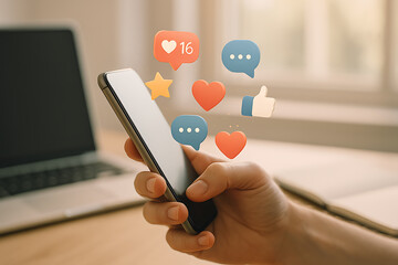 Smartphone user receiving digital notifications with floating icons representing social media likes engagement and online sharing