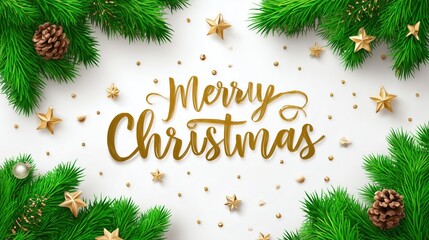 Christmas Background with Pine Branches, Pinecones, Stars, and Merry Christmas Text