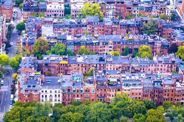 Boston, MA. Boston residential area brownstone houses rows aerial view