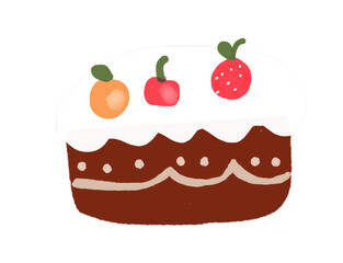 fruit cake illustration with white icing and colorful fruit decorations
