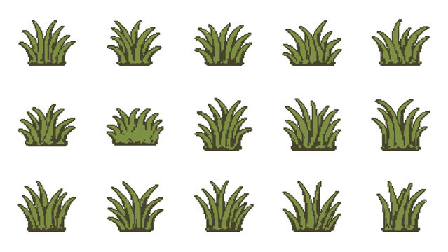 Pixel art grass patches repeating seamless pattern isolated on white