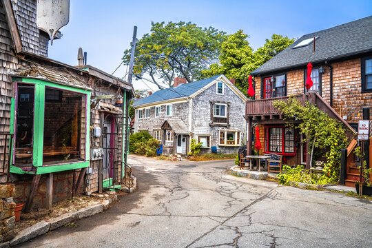 Rockport, MA. Rockport old street cottages street view, Cape Ann , famous summer tourist destination in Massachusetts