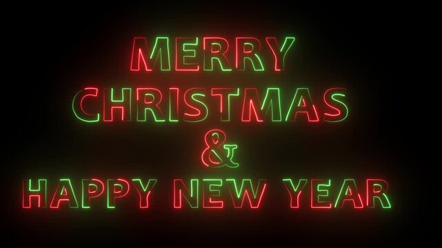 Merry christmas and happy new year neon text on black background with , festive holiday greeting concept .
