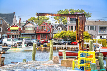 Town of Rockport on Cape Ann harbor and colorful cottages view, famous summer tourist destination in Massachusetts