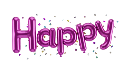 Shiny purple Happy balloon letters isolated PNG, festive celebration decoration for birthday party and special event design on transparent background