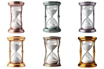 Set of vintage hourglasses in different colors isolated on a transparent background