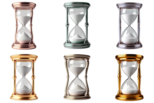 Set of vintage hourglasses in different colors isolated on a transparent background