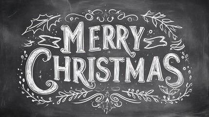 Festive Chalkboard Merry Christmas Design with Ornamental Floral and Holly Accents