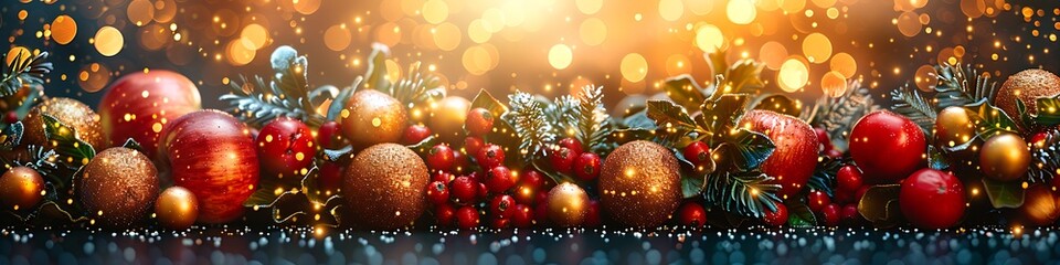 Obraz premium Panoramic Christmas Decoration with Ornaments and Lights Bokeh Background