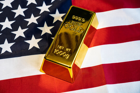 gold bar is on the national flag of USA, united states Gold Reserve concept