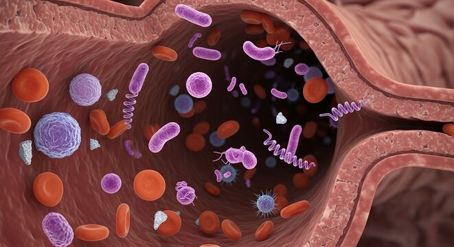 Intriguing view of bacteria and cells flowing through a blood vessel, visualizing infection, disease, and the body's immune response in action - Powered by Adobe
