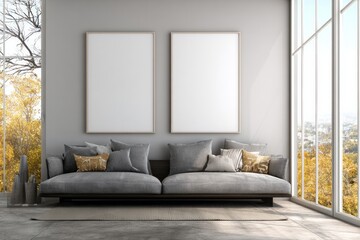 Minimalist living room with gray sofa and empty frames.