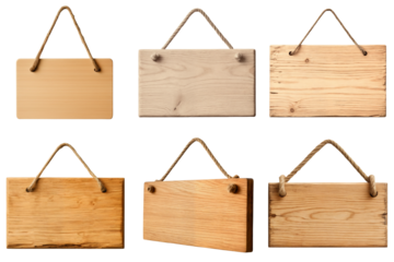 Set of wooden hanging signs with ropes isolated on a transparent background for decoration