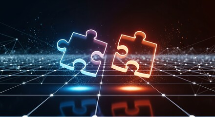 Two puzzle pieces connect on digital network, symbolizing collaboration and innovation for business solutions and strategic partnerships worldwide