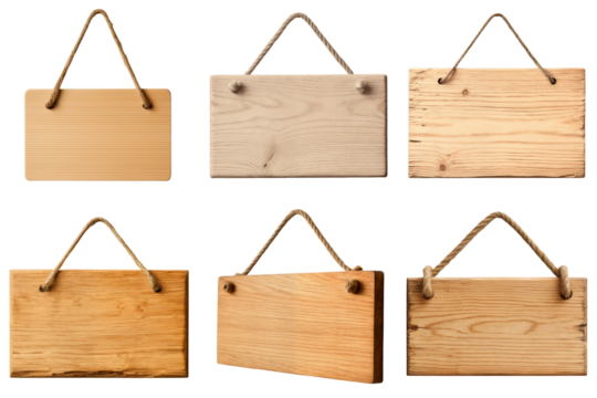 Set of wooden hanging signs with ropes isolated on a transparent background for decoration