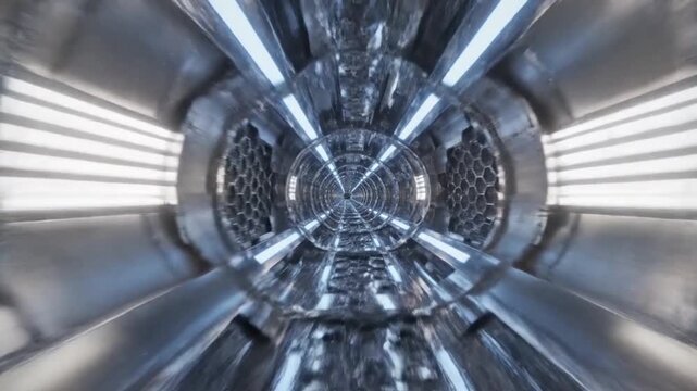 Futuristic metallic tunnel with luminous light effects creating a mesmerizing visual journey, perfect for sci-fi and abstract themes