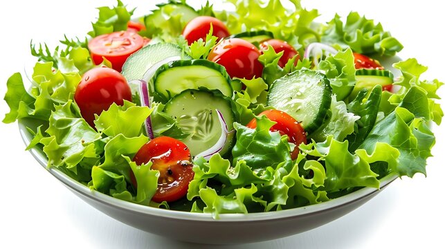 A vibrant salad bowl filled with fresh lettuce tomatoes cucumbers and red onion on a white background