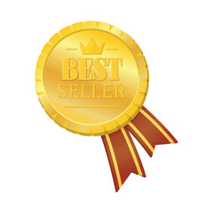 Gold medal for best salesperson. Award for business success, red ribbon. Vector illustration