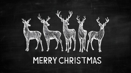 Five White Deer Silhouettes on Black Chalkboard with Merry Christmas Text for Holiday Decor and Greeting Cards
