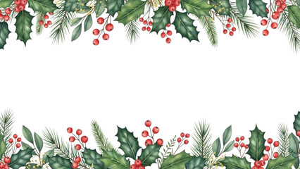 Watercolor Christmas Holly Leaves and Pine Border Frame with Red Berries Festive Garland Illustration © Ruwani