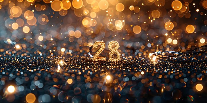 Panoramic Bokeh Celebration of 28th Anniversary with Golden Sparkles