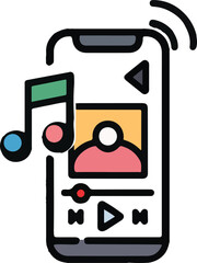 Mobile phone vector illustration showing music playback with audio waves and media controls