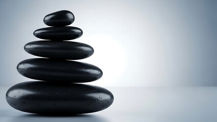 Zen stones stacked in balanced tower smooth dark pebbles pile peace tranquility spa wellness massage therapy relaxation meditation harmony equilibrium