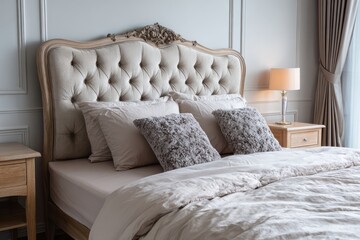 Elegant bedroom with tufted headboard and comfortable bedding.