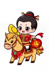 Naklejka premium Chibi New Year mascot or God of Wealth holding a big gold ingot, riding a pony, isolated on a clean white background.