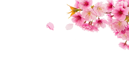 Delicate pink cherry blossom branch with falling petals isolated on transparent background