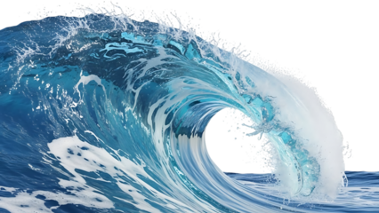 Powerful ocean wave crashing with spray isolated on transparent background